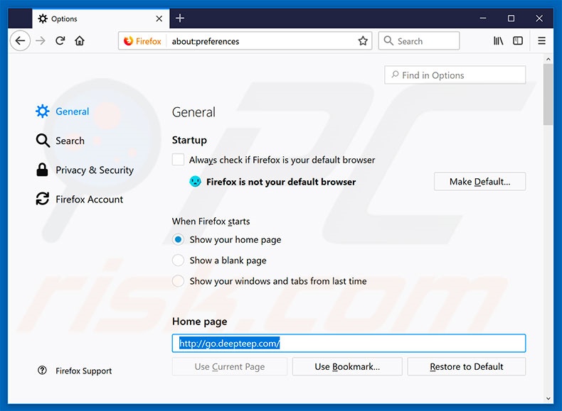 Eliminando go.deepteep.com de la página de inicio de Mozilla Firefox