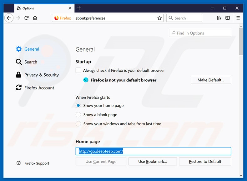 Eliminando go.deepteep.com de la página de inicio de Mozilla Firefox