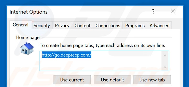 Eliminando go.deepteep.com de la página de inicio de Internet Explorer