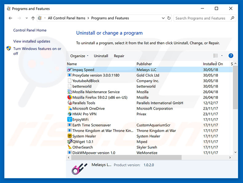 desinstalar el adware ImpaqSpeed del Panel de control