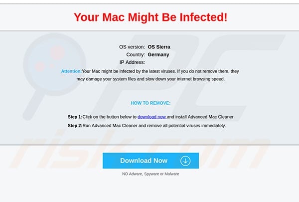 Sitio web dudoso usado para promocionar Mac Ads Cleaner
