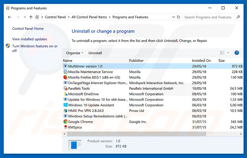 desinstalar el adware Multitimer del Panel de control