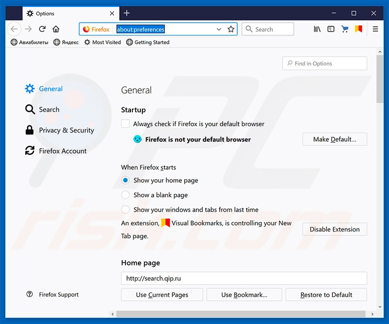 Eliminando qip.ru de la página de inicio de Mozilla Firefox
