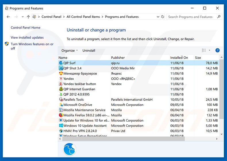 desinstalar el secuestrador de navegadores qip.ru desde el Panel de control