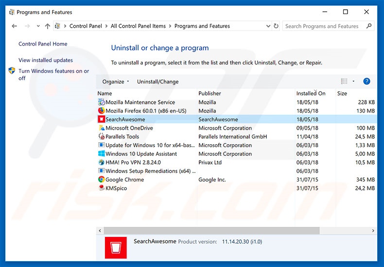 desinstalar el adware SearchAwesome del Panel de control