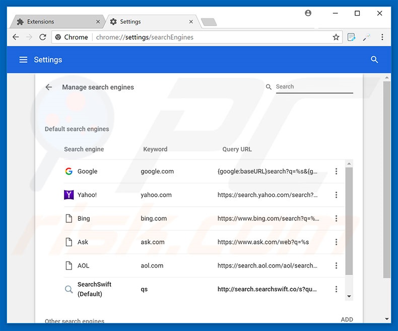 Eliminando search.searchswift.co del motor de búsqueda por defecto de Google Chrome