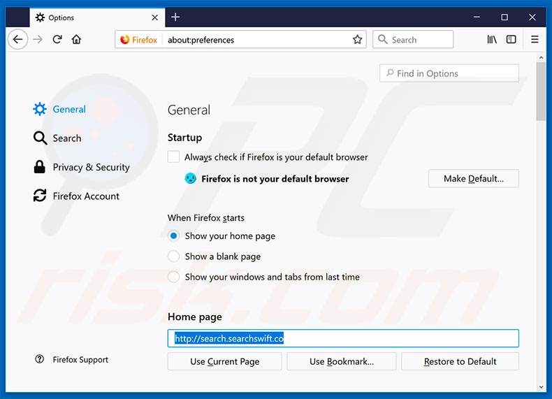Eliminando search.searchswift.co de la página de inicio de Mozilla Firefox