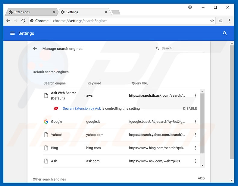 Eliminando search.tb.ask.com del motor de búsqueda por defecto de Google Chrome