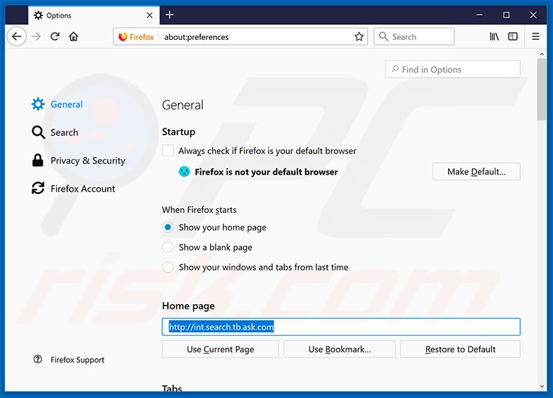 Eliminando search.tb.ask.com de la página de inicio de Mozilla Firefox