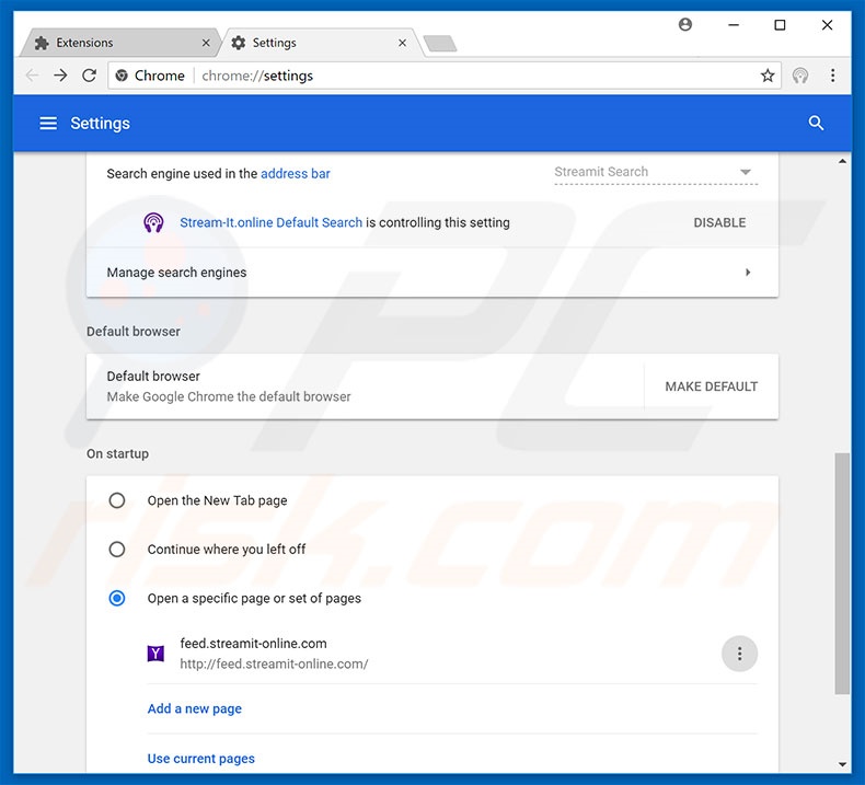 Eliminando feed.streamit-online.com de la página de inicio de Google Chrome