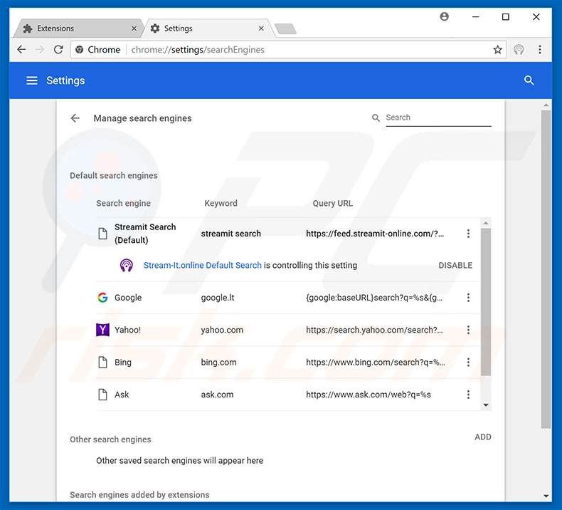 Eliminando feed.streamit-online.com del motor de búsqueda por defecto de Google Chrome