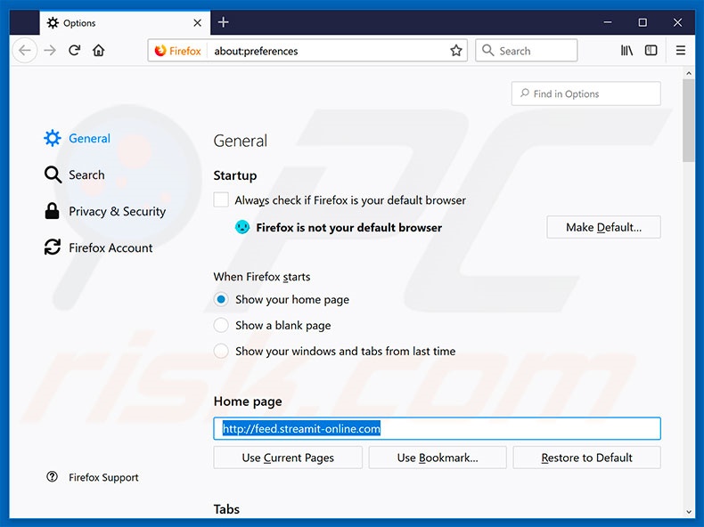 Eliminando feed.streamit-online.com de la página de inicio de Mozilla Firefox