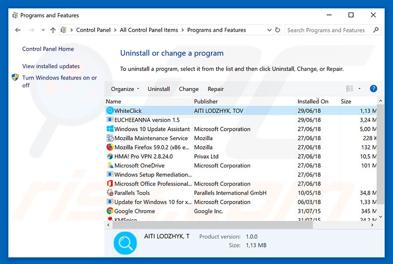 desinstalar el adware WhiteClick del Panel de control