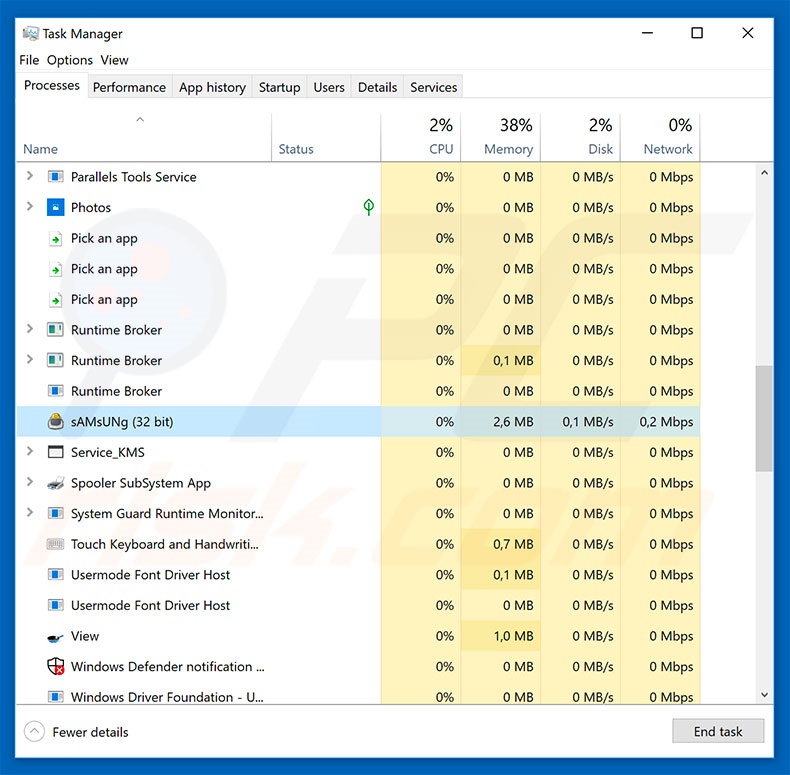 malware AZORult en administrador de tareas