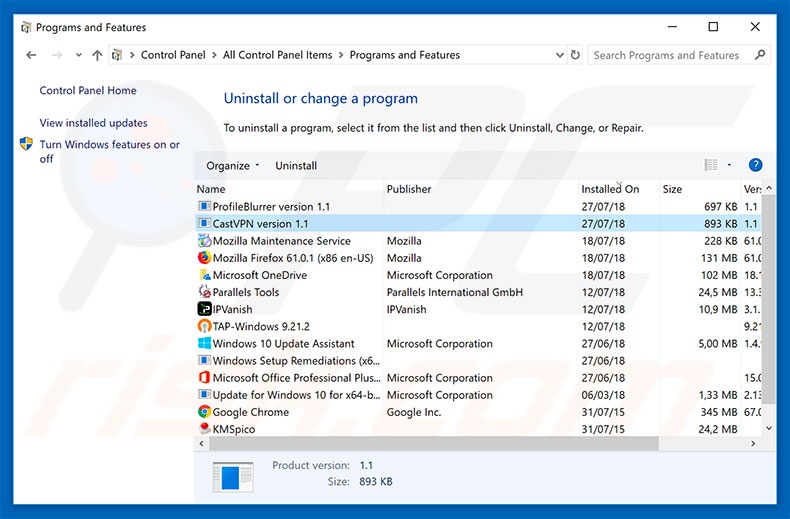 desinstalar el adware CastVPN del Panel de control