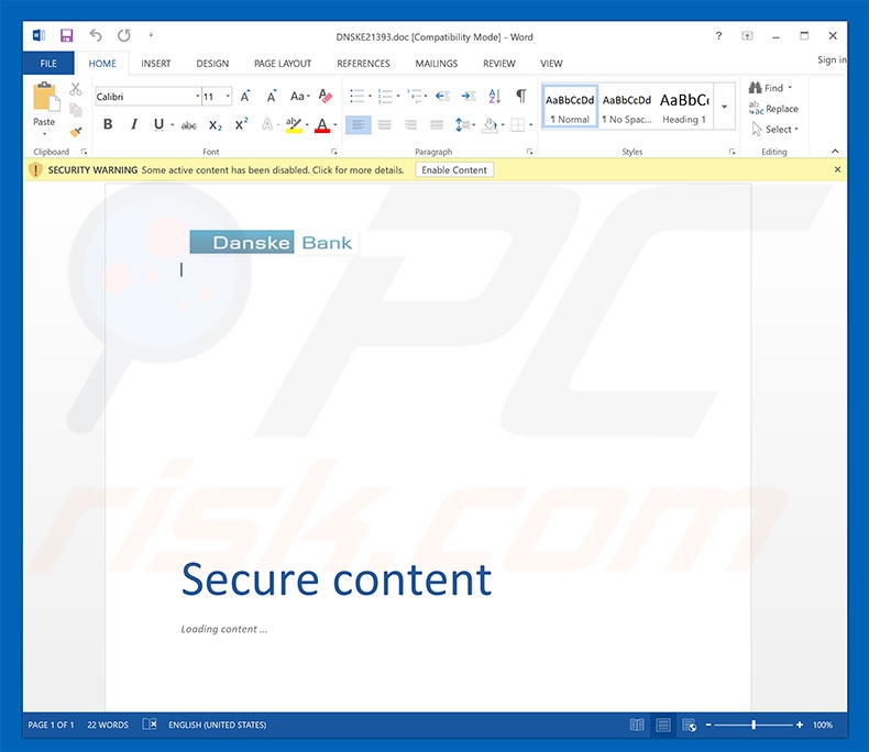 Adjunto malicioso distribuido a través de la campaña de spam Danske Bank