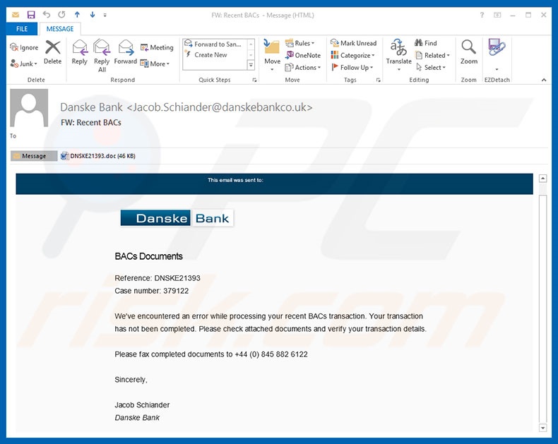 Danske Bank Email Virus malware