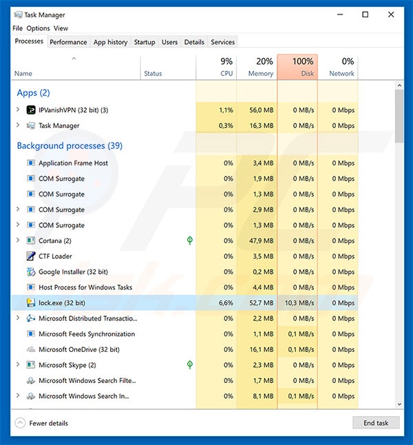 impostor Locky en el administrador de tareas