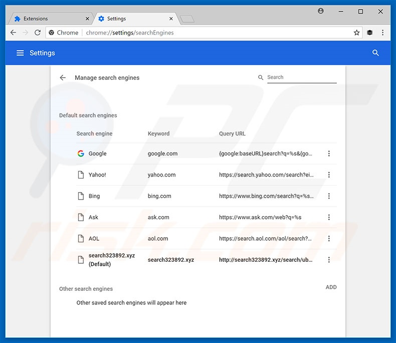 Eliminando search323892.xyz del motor de búsqueda predeterminado en Google Chrome