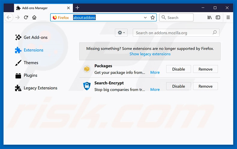 Eliminando las extensiones vinculadas a search323892.xyz en Mozilla Firefox