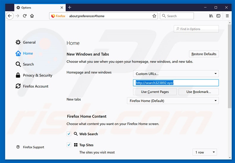 Eliminando search323892.xyz de la página de inicio de Mozilla Firefox