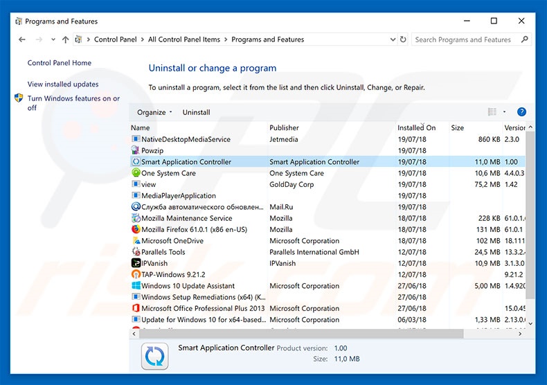 desinstalar el adware Smart Application Controller del Panel de control