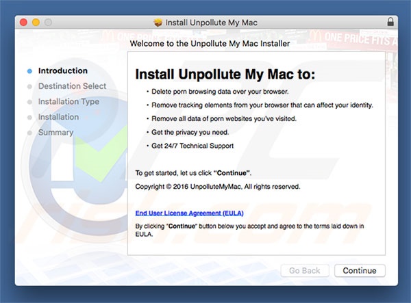Instalador engañoso usado para promocionar Unpollute My Mac