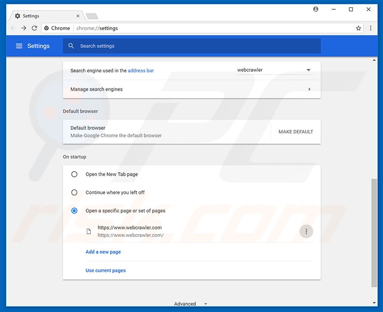 Eliminando webcrawler.com de la página de inicio de Google Chrome