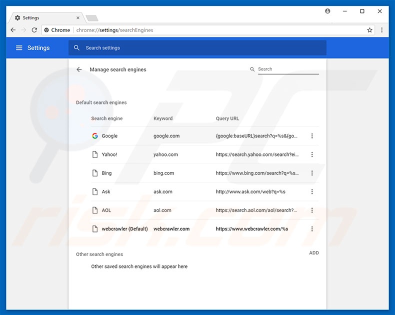 Eliminando webcrawler.com del motor de búsqueda por defecto de Google Chrome