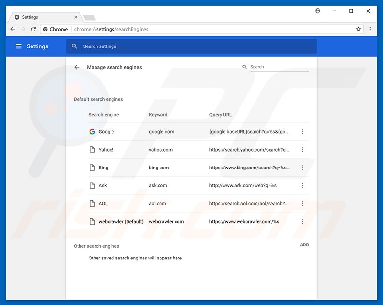 Eliminando webcrawler.com del motor de búsqueda por defecto de Google Chrome