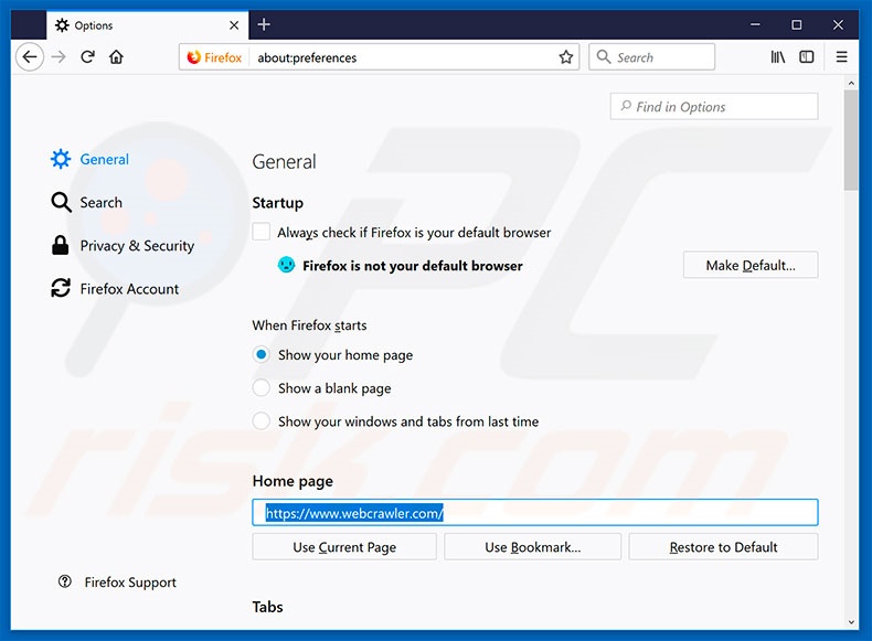 Eliminando webcrawler.com de la página de inicio de Mozilla Firefox