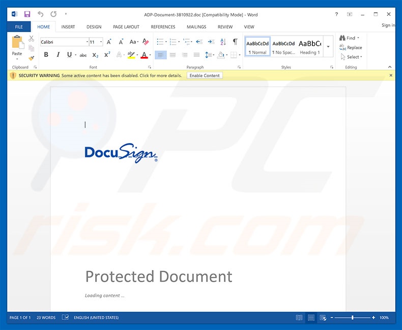 Adjunto malicioso distribuido a través de la campaña de spam DocuSign Email Virus