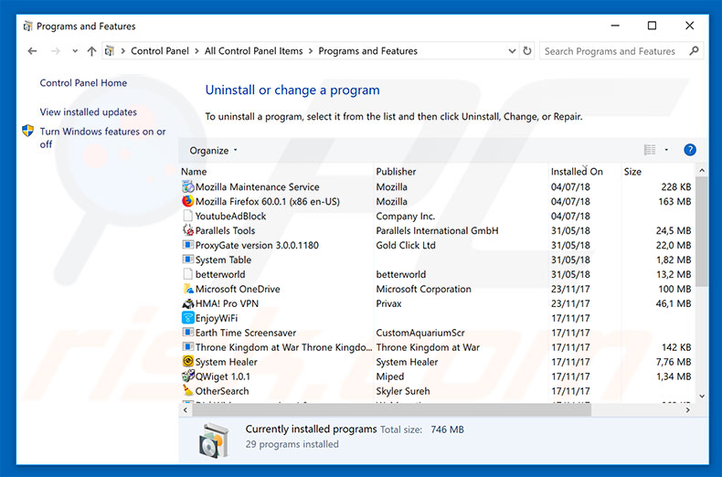 Desinstalar el adware ERROR 268D3 a través del Panel de Control