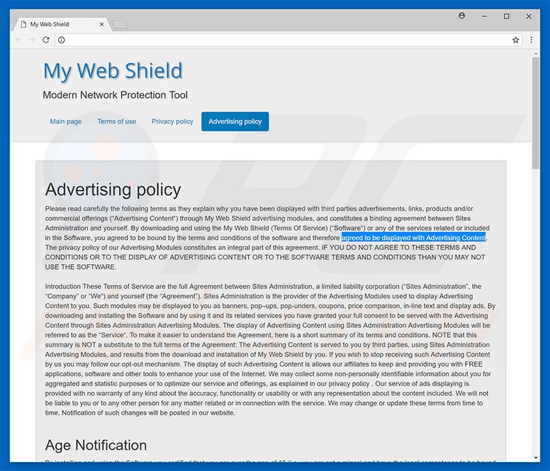 política publicitaria My Web Shield