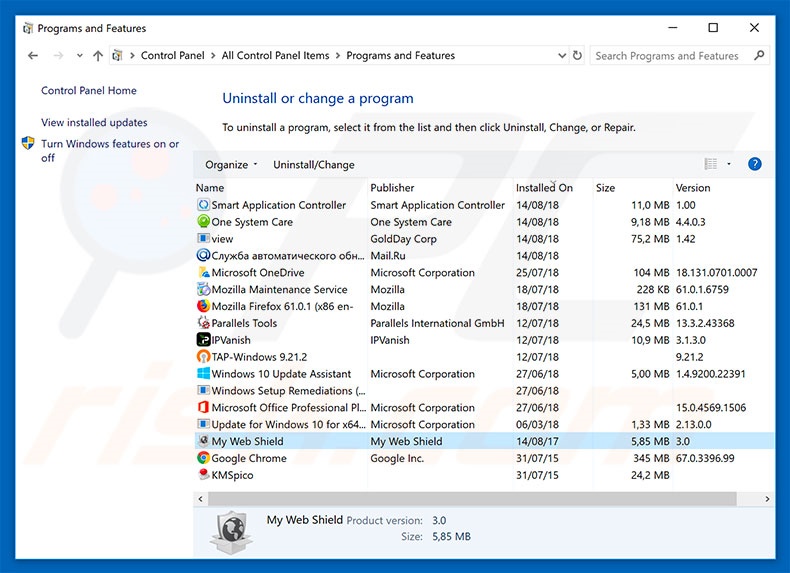desinstalar el adware My Web Shield del Panel de control