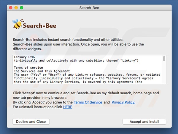 Instalador engañoso usado para promocionar search.search-bee.com