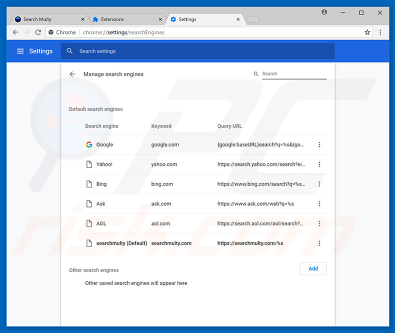 Eliminando searchmulty.com del motor de búsqueda predeterminado de Google Chrome