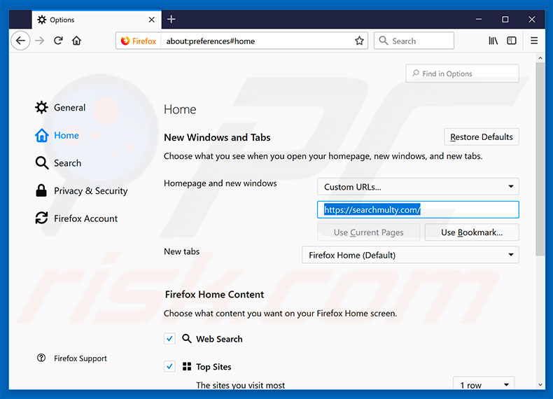 Eliminando searchmulty.com de la página de inicio de Mozilla Firefox