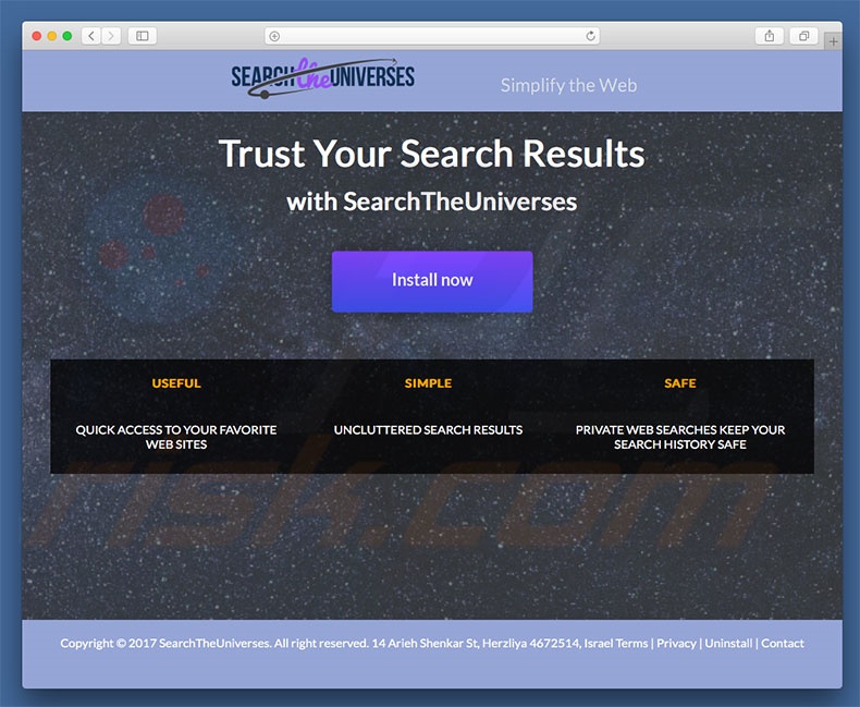 Sitio web dudoso usado para promocionar search.searchtheuniverses.com