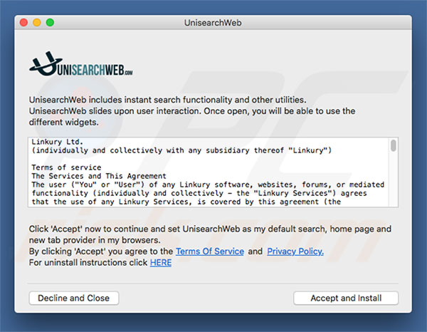 Instalador engañoso usado para promocionar unisearchweb.com