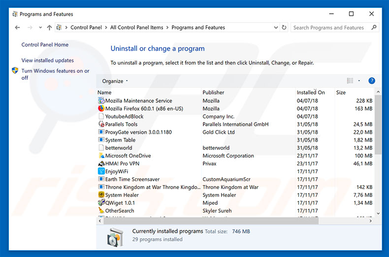 desinstalar el adware Windows Operating System Alert del Panel de control