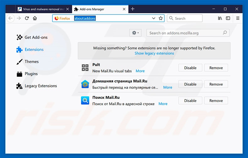 Eliminando extensiones engañosas de Mozilla Firefox paso 2