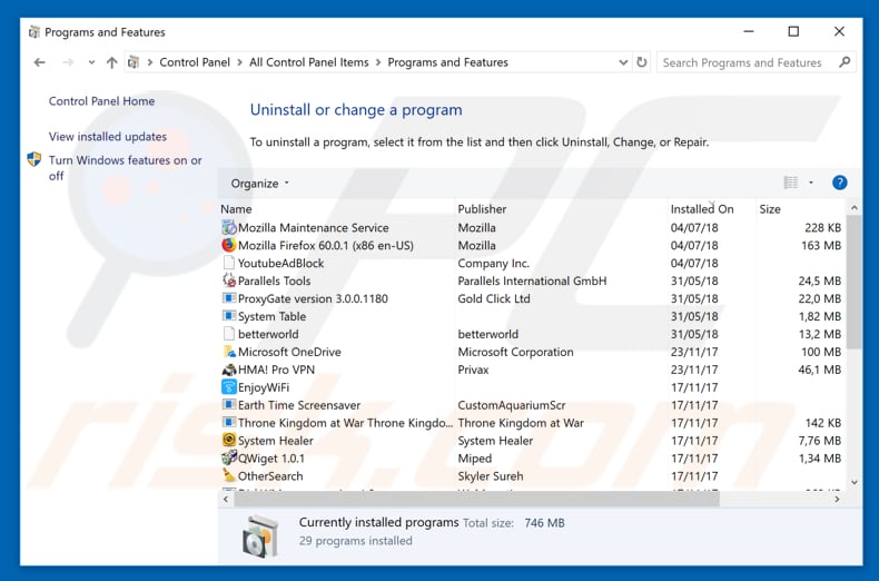 Instrucciones para eliminar WARNING! 41 threats found!!! desinstalar adware del Panel de control