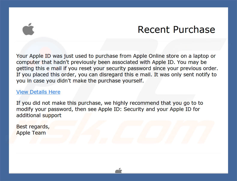 software malicioso por email Apple Recent Purchase