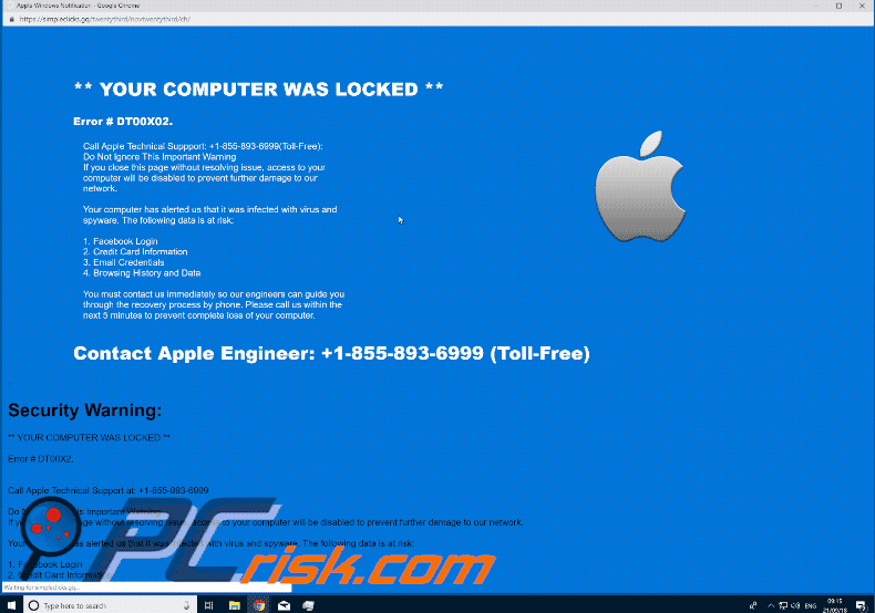 Aspecto de la estafa Contact Apple Engineer (Error #DT00X02) (GIF)