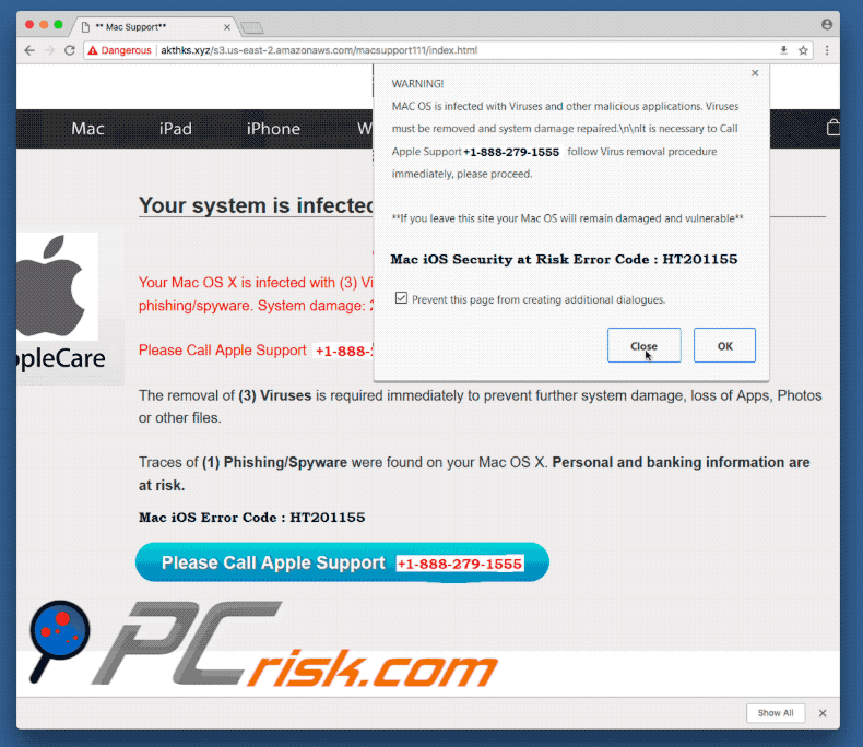 Aspecto de la estafa Mac iOS Security At Risk Error Code: HT201155 (GIF)