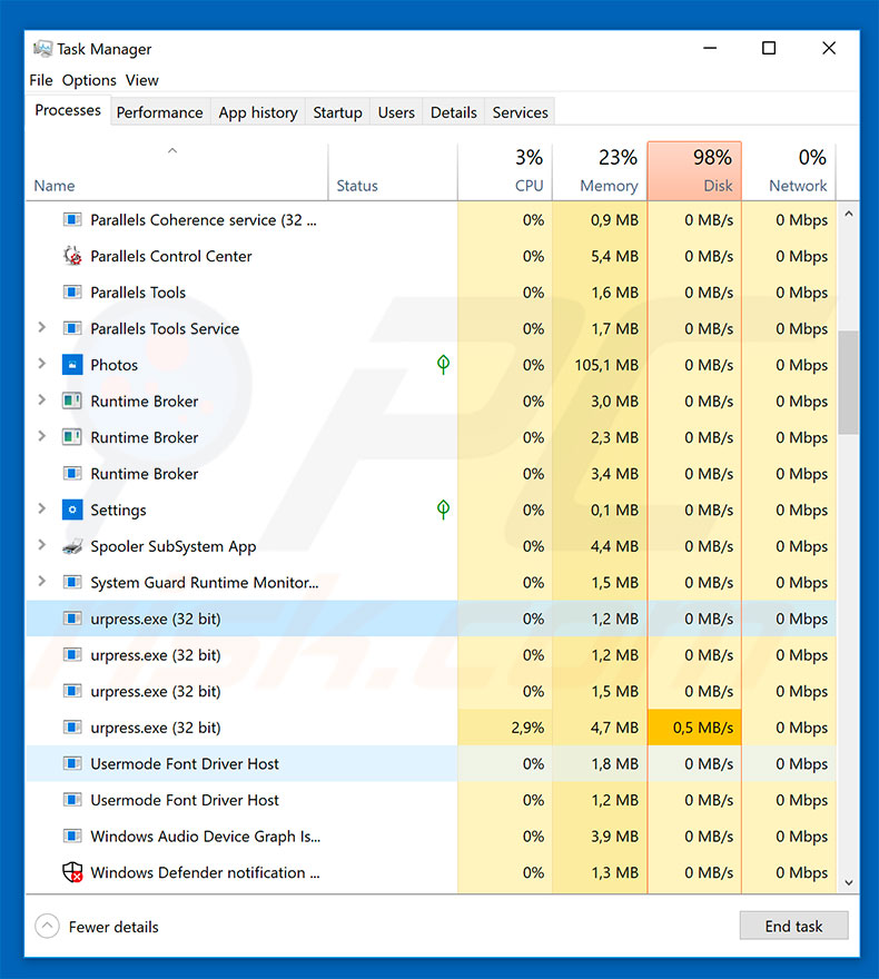 virus SAVEfiles en el administrador de tareas