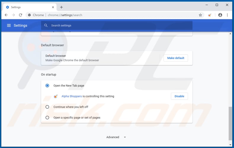 Eliminando alphashoppers.co de la página de inicio de Google Chrome