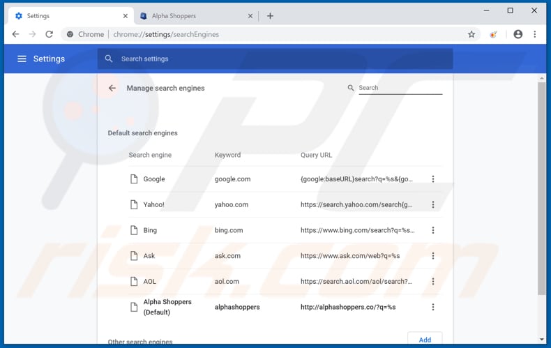 Eliminando alphashoppers.co del motor de búsqueda por defecto de Google Chrome