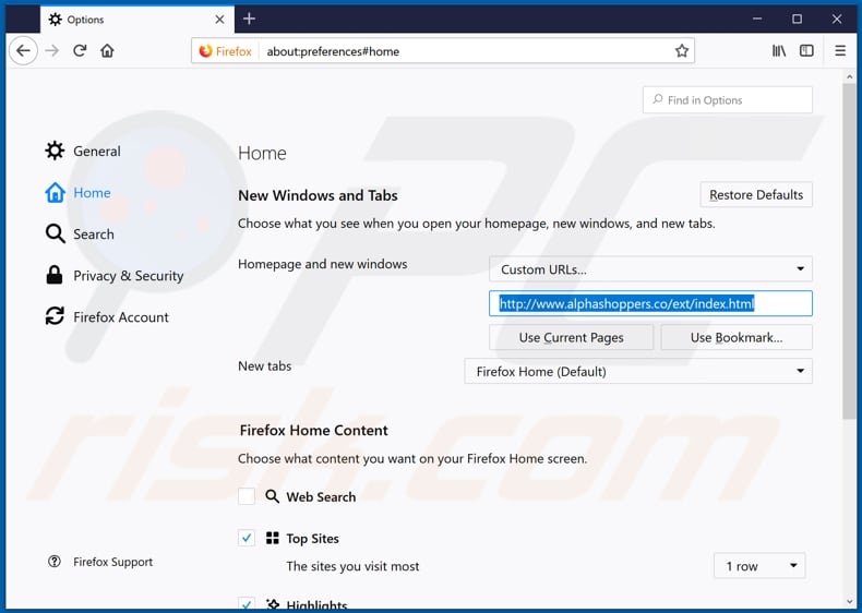 Eliminando alphashoppers.co de la página de inicio de Mozilla Firefox